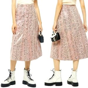 Rose Gold Goat Leather Midi Skirt Metallic Snakeskin